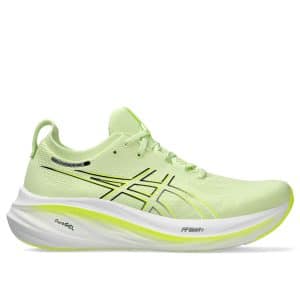 נעלי הריצה Asics Gel Nimbus 26 לגברים, בצבע ירוק מאצ'ה ולבן.